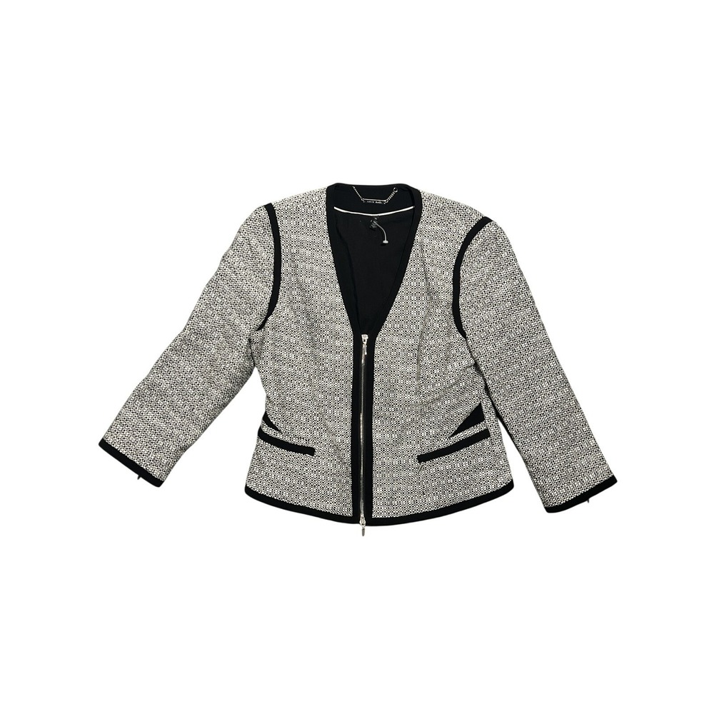 White House Black Market WHBM Women's Black White Tweed Zip Jacket Blazer Size